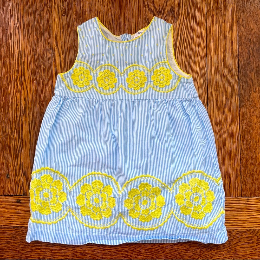 Baby Boden Blue & White Striped Dress w Yellow Embroidery Size 6-12 Months